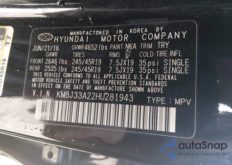 2017 Hyundai Tucson Limited z USA, uszkodzony, nr VIN KM8J33A22HU281943